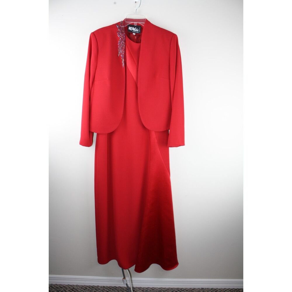 Ursula of Switzerland Size 14 Red Formal Maxi Dress Beaded Jacket 2 Piece Set